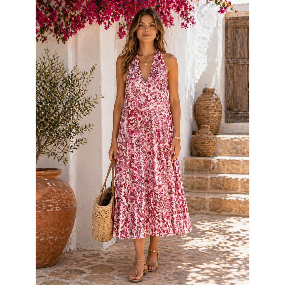 JOHNNY WAS WORKSHOP Linen Lillet Midi Dress Pink Floral Resort Size Small